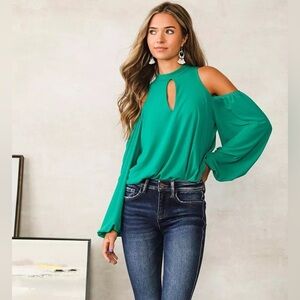Buckle Willow and root jade mesh bodysuit NWT Elegant Green Cold Shoulder Top